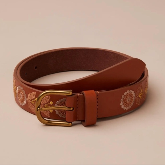 NWT Lucky Brand Golden Floral Embroidered Belt in Medium Brown main image 7